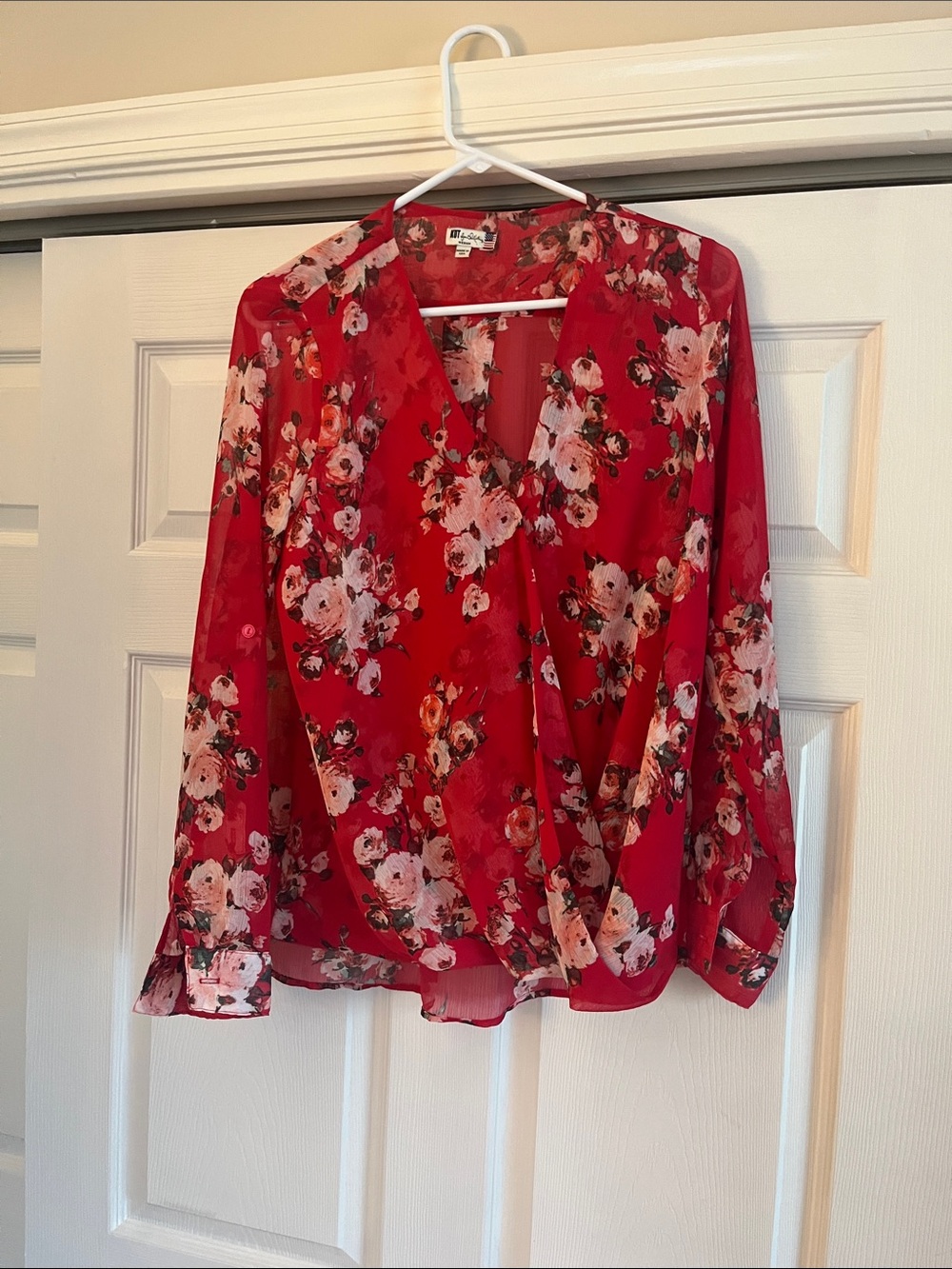 Red Floral Wrap Sheer Blouse - women M